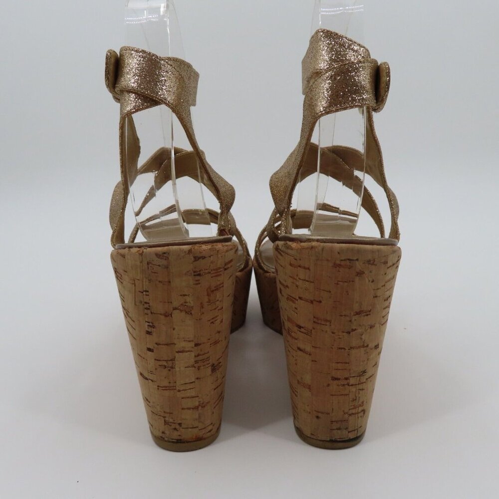 Stuart Weitzman Women 9M Gold Glitter Cork Platform Wedge Sandals Strappy Shoes - Picture 6 of 13